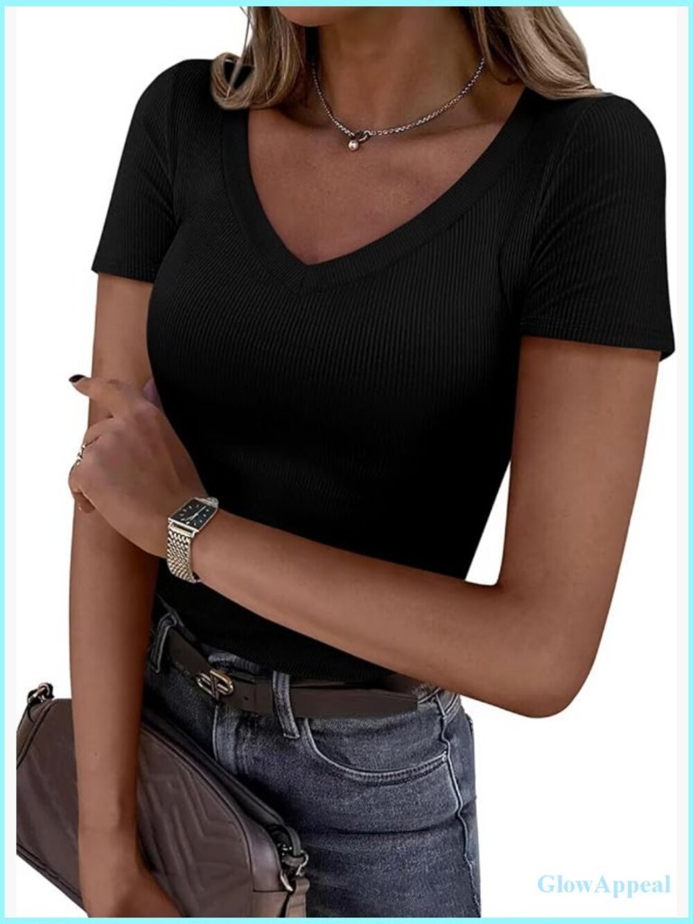 Women's Ribbed Knit Fitted V-Neck Short Sleeve T-Shirt Summer Top